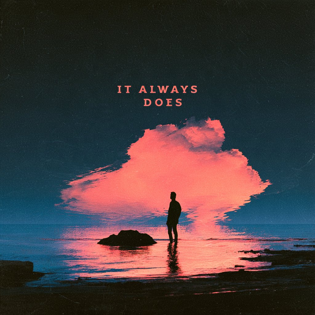 IT ALWAYS DOES: a silhouetted figure standing in shallow water under a glowing coral cloud at dusk