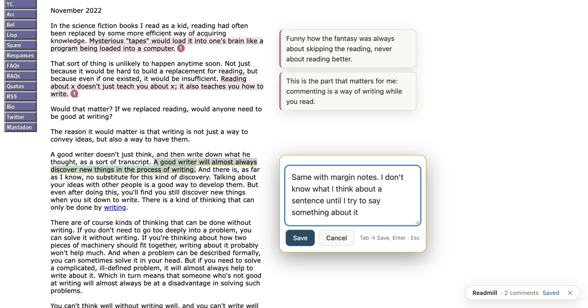 An essay with sentences highlighted, two margin notes beside it, and a comment box open