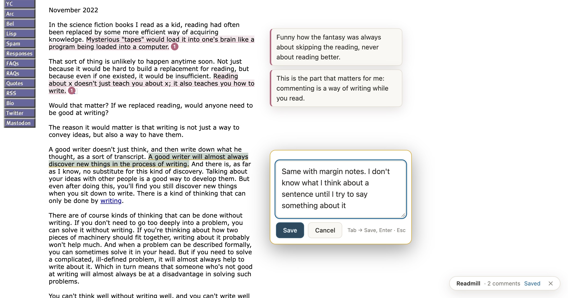 Paul Graham’s essay The Need to Read with two sentences underlined and numbered, two margin notes beside them, and an open comment box beside a third highlighted sentence