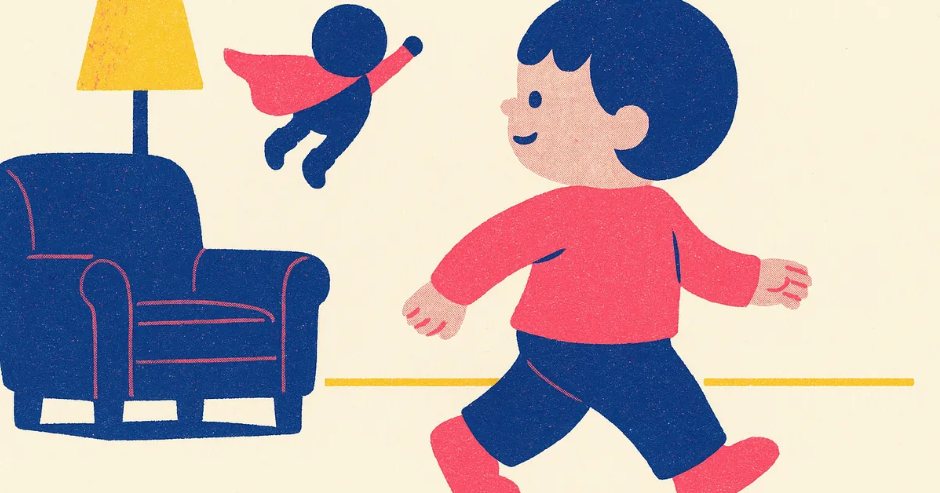 Concept art: a tiny caped figure flying beside a toddler walking past an armchair