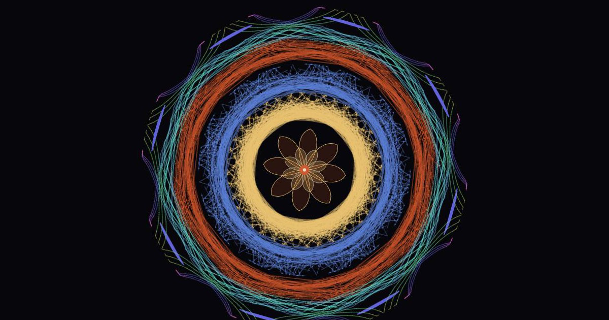 A sand mandala of four coloured rings around a lotus, drawn from a player’s own cursor movements
